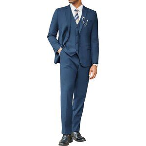Men's Blue 3 Pieces Suits Classic Fit 2 Buttons Dress Wedding Business